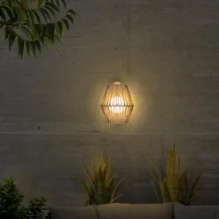 LED Wandlampe kabellos IP54 H: 24,5 cm Rattan außen Dimmer