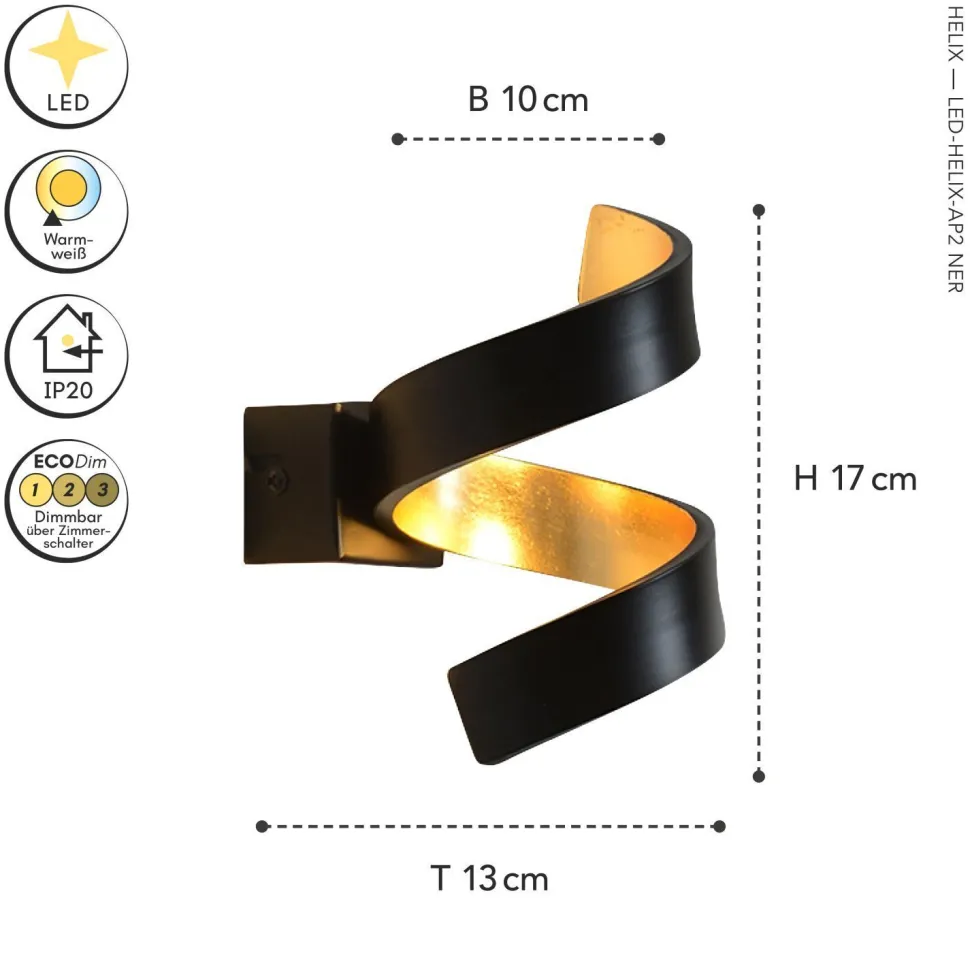 LED Wandlampe Spirale Schwarz Gold H:17 cm 3000 K 6 W