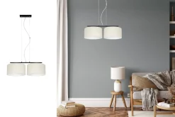 Längliche Hängeleuchte 2-flammig Stoff Schwarz Ecru E27