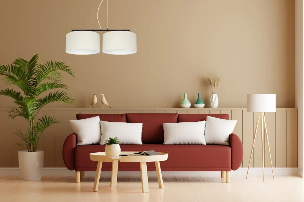 Längliche Hängeleuchte 2-flammig Stoff Schwarz Ecru E27