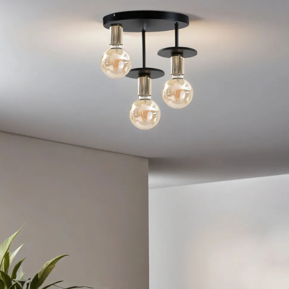 Metall Deckenleuchte Schwarz Gold Holz Ø30cm Retro