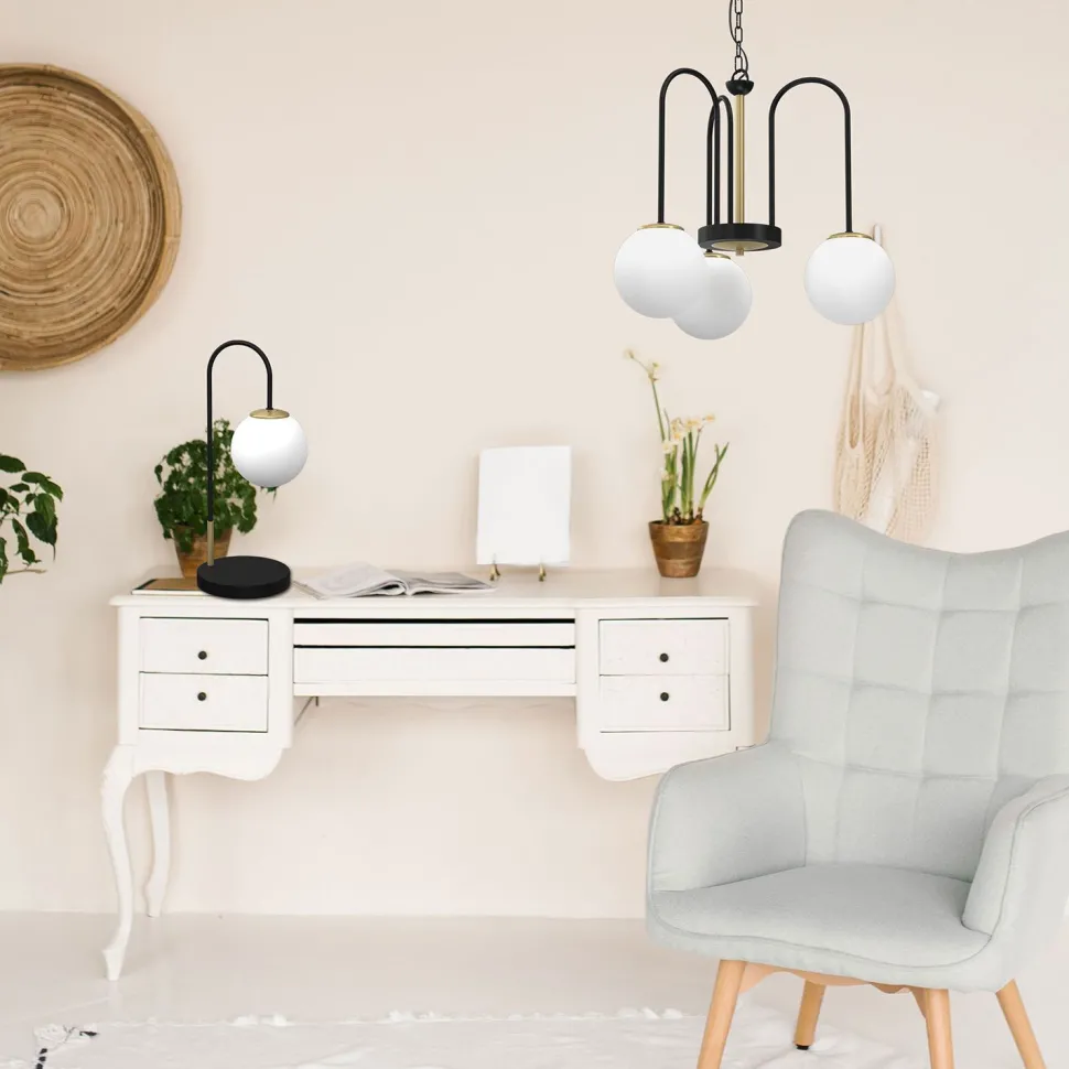 Nachttischlampe Metall Glas 52 cm Schwarz Weiß Messing