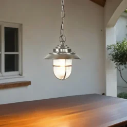 Pendellampe Außen in Nickel Echt-Messing Riffelglas