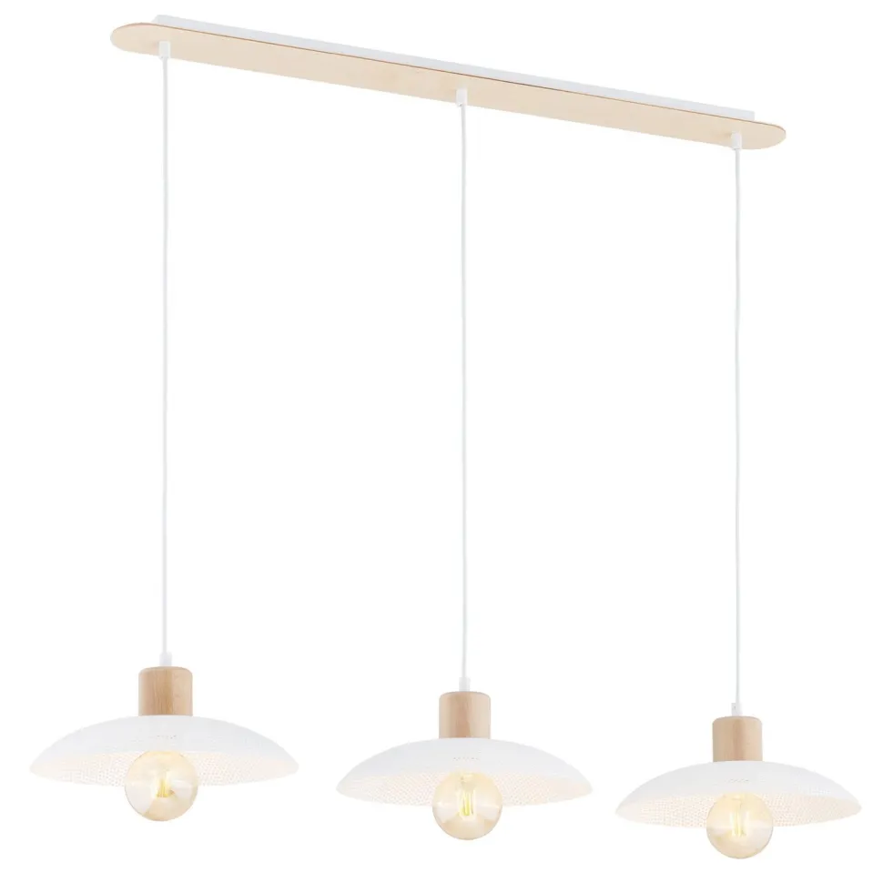 Pendelleuchte 3-flammig E27 L: 90 Weiß Holzoptik Metall