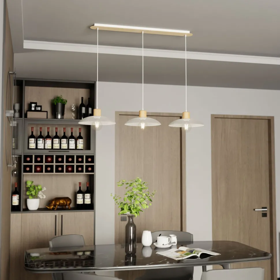 Pendelleuchte 3-flammig E27 L: 90 Weiß Holzoptik Metall