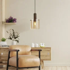 Pendelleuchte Glas Metall Braun Bernstein E27 D: 20 cm