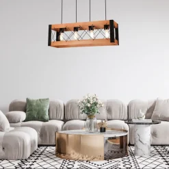 Pendelleuchte Holz Metall verstellbar 4-flammig E27 Rustikal