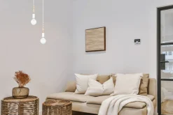 Pendelleuchte Holz Metall Weiß E27 Ø14 cm rund wohnlich