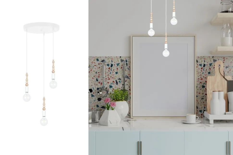 Pendelleuchte Holz Metall Weiß E27 Ø30 cm rund 3-flmg