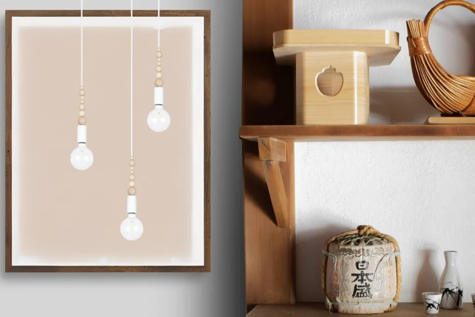 Pendelleuchte Holz Metall Weiß E27 Ø30 cm rund 3-flmg