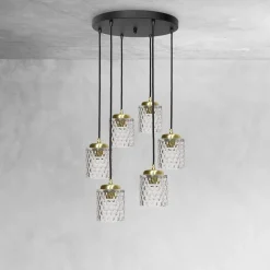 Pendelleuchte Messing Eisen Glas 6x E27 in Schwarz Klar