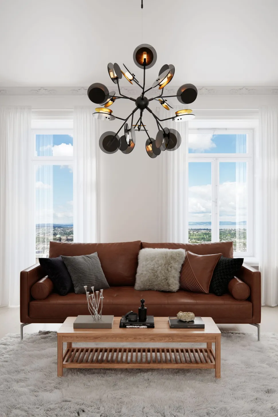 Pendelleuchte Metall Glas 80 cm breit Schwarz Gold 8x G9