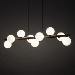 Pendelleuchte Metall Holz Glas L: 117 cm H: max. 125 cm 9x G9