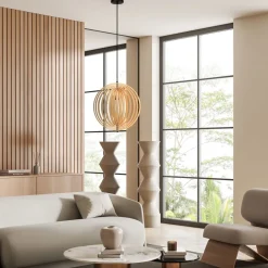 Pendelleuchte Metall Holz rund D: 43 cm Schwarz Beige