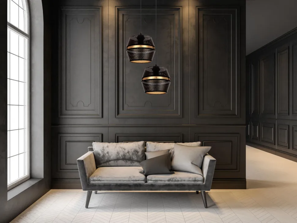 Pendelleuchte Schwarz Gold Metall 2-flammig B:40 cm E27