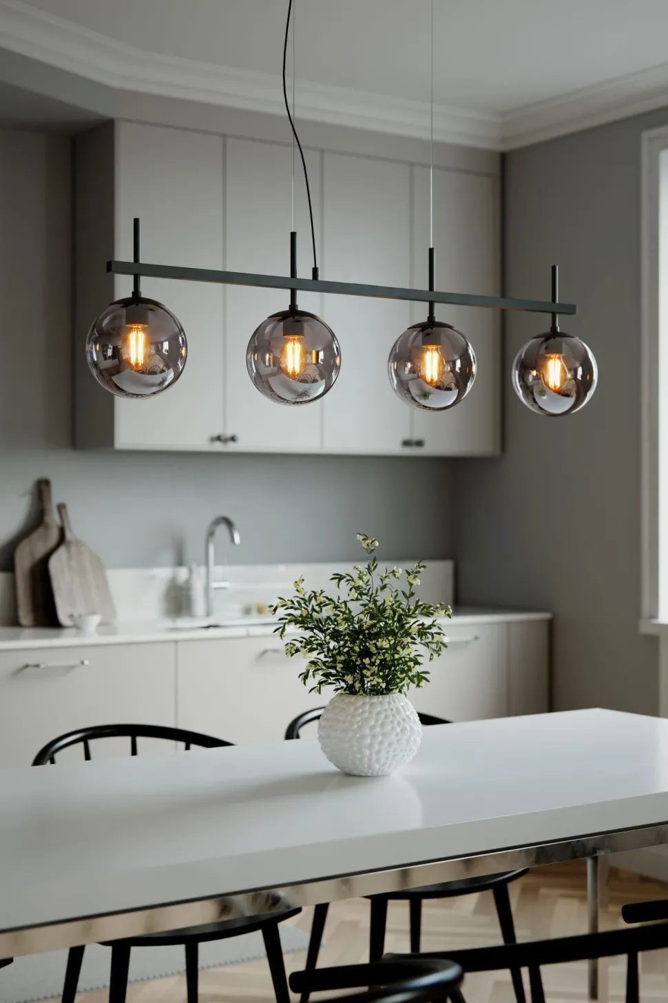 Pendelleuchte Schwarz Grau B: 117 cm Metall Rauchglas 4x E27