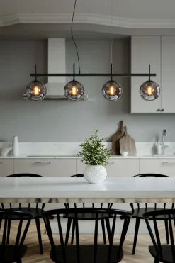 Pendelleuchte Schwarz Grau B: 117 cm Metall Rauchglas 4x E27