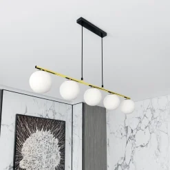 Pendelleuchte Schwarz Weiß Gold E14 Glas Metall 105 cm lang