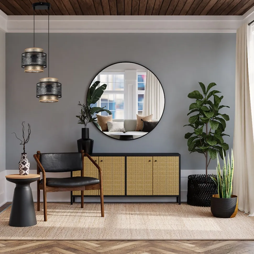 Pendelleuchte Stoff Schwarz Gold B:33 cm E27 blendarm