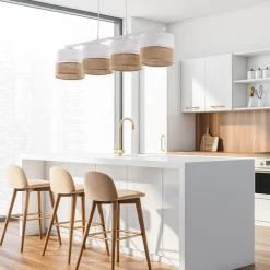 Pendelleuchte Weiß Braun 4-flammig Metall Stoff Jute E27