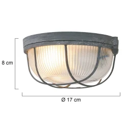Runde Deckenleuchte Grau Riffelglas Metall E27 Bullauge