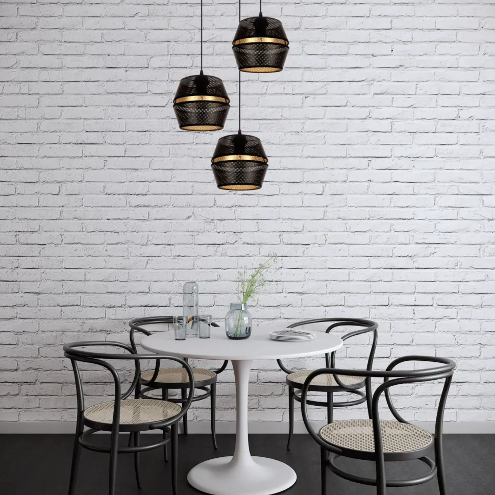 Runde Hängelampe Schwarz Gold Metall B:45 cm E27 3-flmg