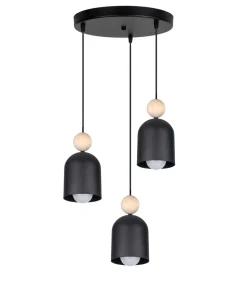 Runde Hängelampe Schwarz Metall Holz 3-flmg E27 Ø36 cm