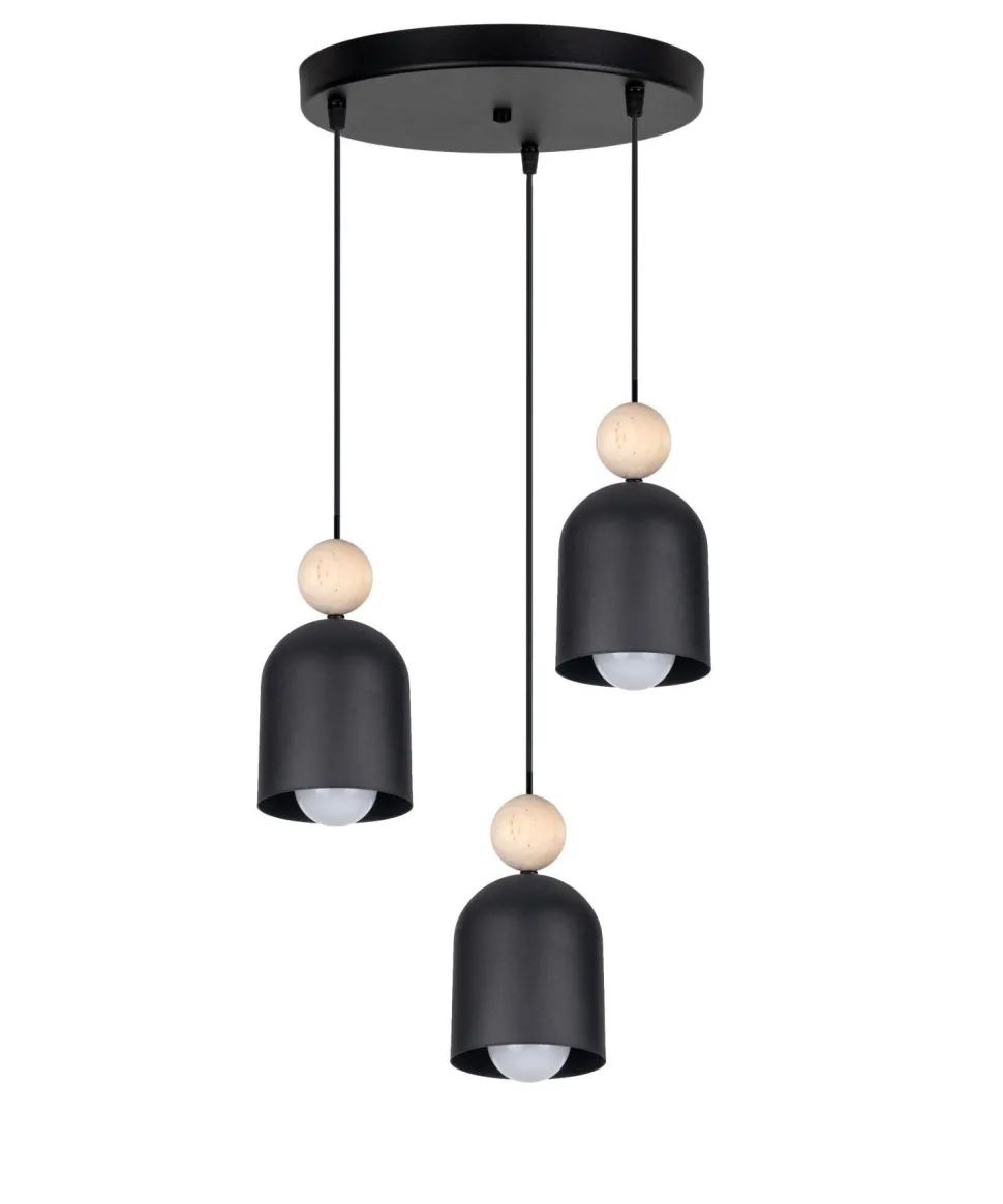 Runde Hängelampe Schwarz Metall Holz 3-flmg E27 Ø36 cm