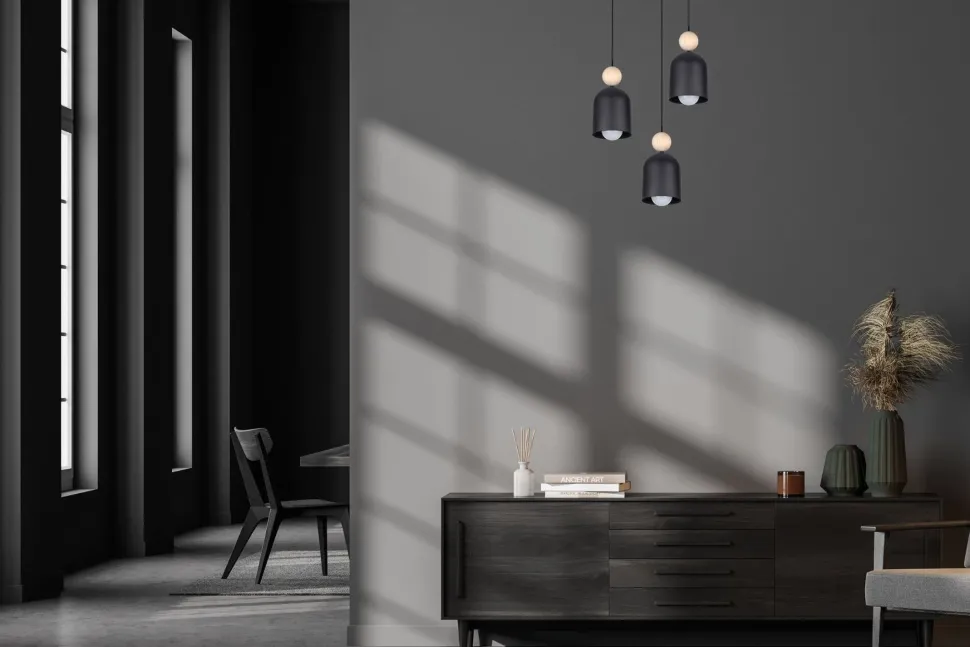 Runde Hängelampe Schwarz Metall Holz 3-flmg E27 Ø36 cm