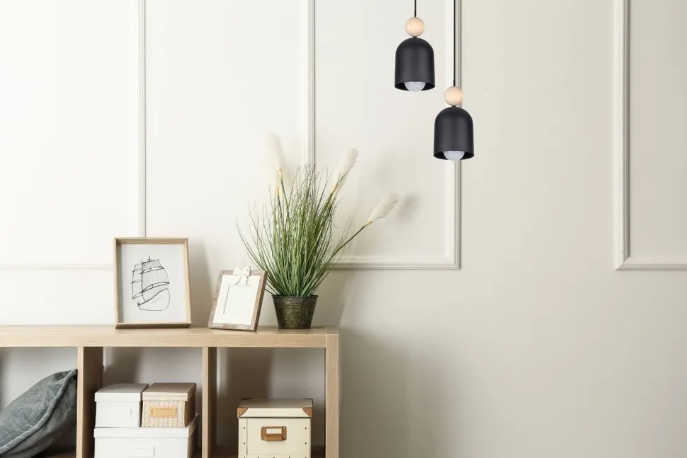 Runde Hängelampe Schwarz Metall Holz 2-flmg E27 Ø21 cm