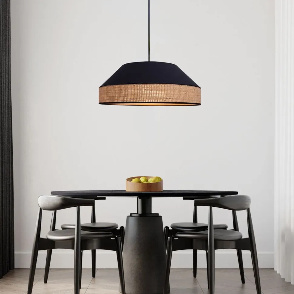 Runde Hängelampe Stoff Rattan Schwarz Natur E27 Ø45 cm