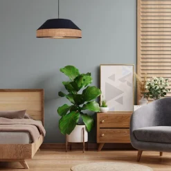 Runde Hängelampe Stoff Rattan Schwarz Natur E27 Ø45 cm