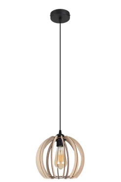 Runde Pendelleuchte Holzschirm Metall E27 Kugel Ø24 cm