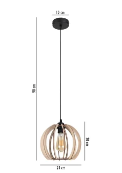 Runde Pendelleuchte Holzschirm Metall E27 Kugel Ø24 cm