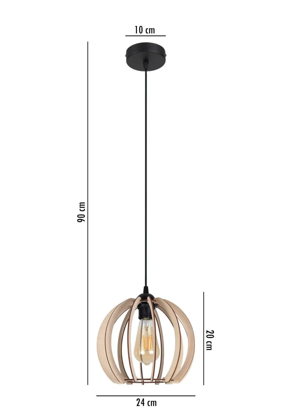 Runde Pendelleuchte Holzschirm Metall E27 Kugel Ø24 cm