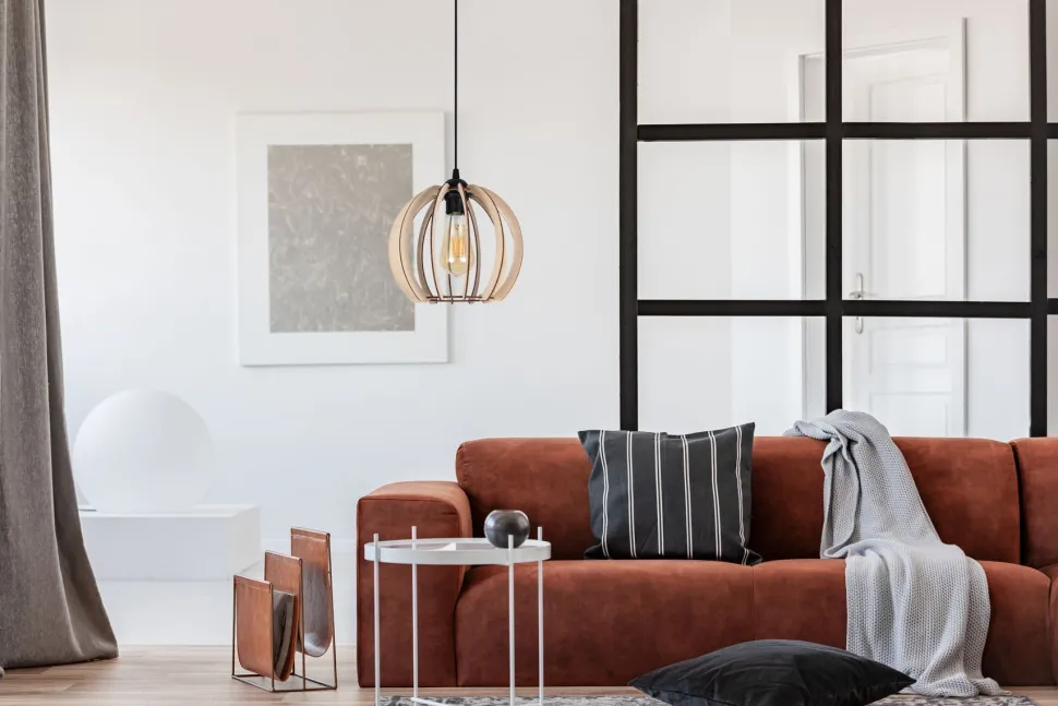 Runde Pendelleuchte Holzschirm Metall E27 Kugel Ø24 cm