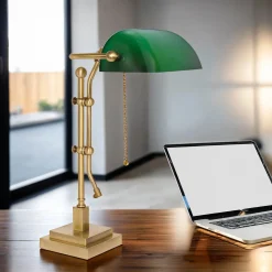 Schreibtischlampe Messing Glas H: 49 cm Zugschalter E27