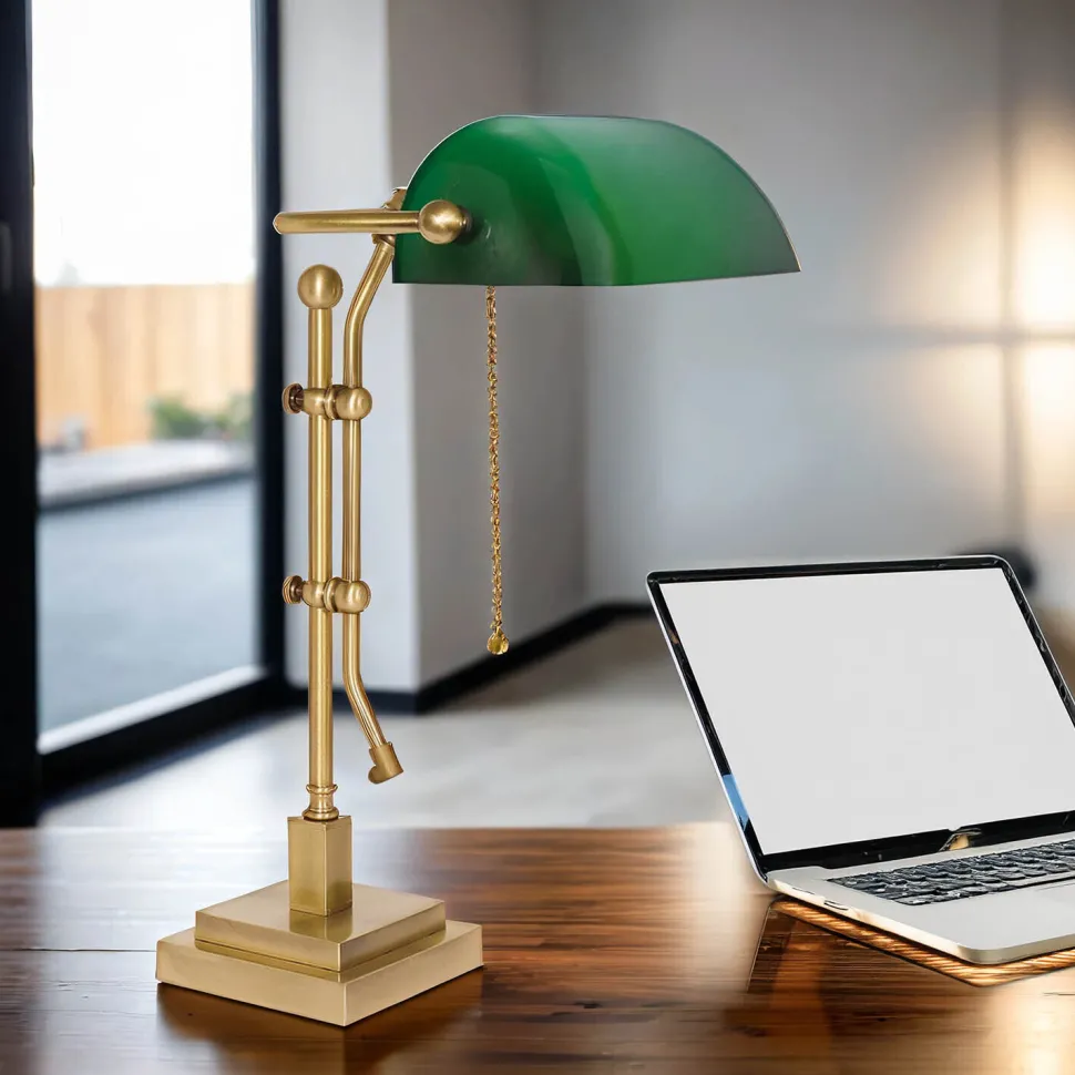 Schreibtischlampe Messing Glas H: 49 cm Zugschalter E27