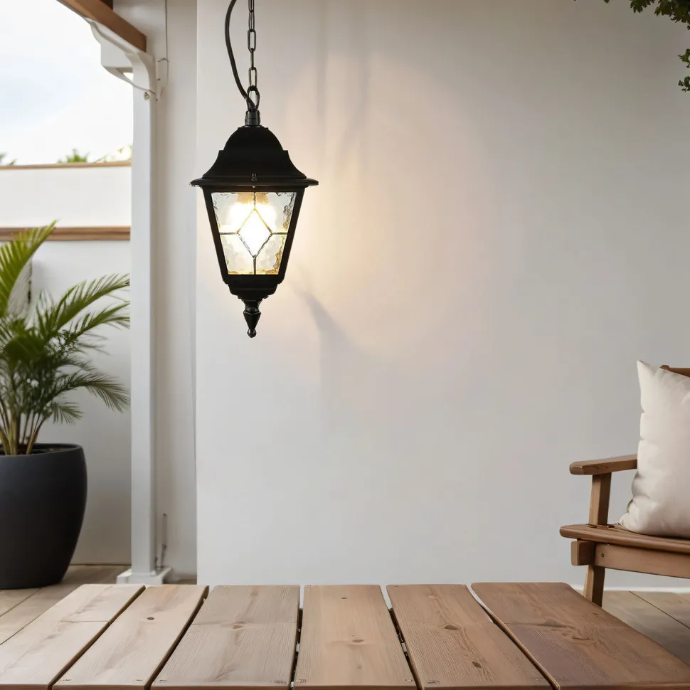 Schwarze Hängelampe IP43 Rustikal Kirchenglas