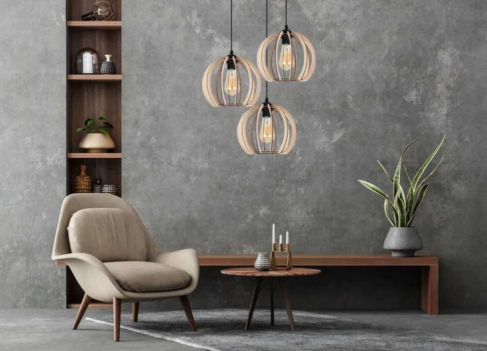 Schwarze Pendelleuchte Holz Metall 3-flmg E27 L:40 cm