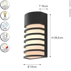 Schwarze Wandleuchte außen Aluminium H:24,3 cm IP54 E27