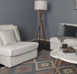 Stehlampe Dreibein 160 cm hoch Stoff Holz E27 in Walnuss Weiß