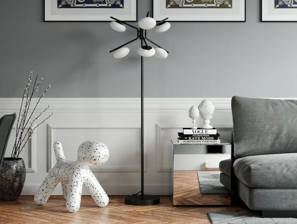 Stehleuchte Glas Metall G9 165 cm hoch Retro Schwarz Weiß