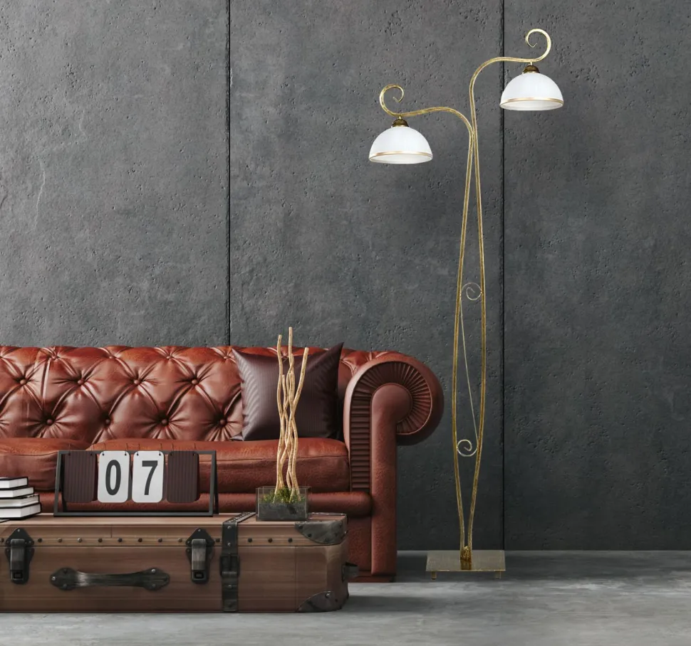 Stehleuchte Gold Antik Weiß Metall Glas 2-flammig