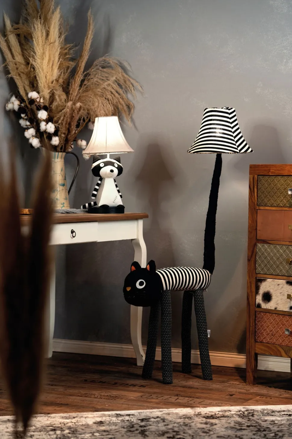 Stehleuchte Schwarz Weiß Katze Kinder Erwachsene 126 cm