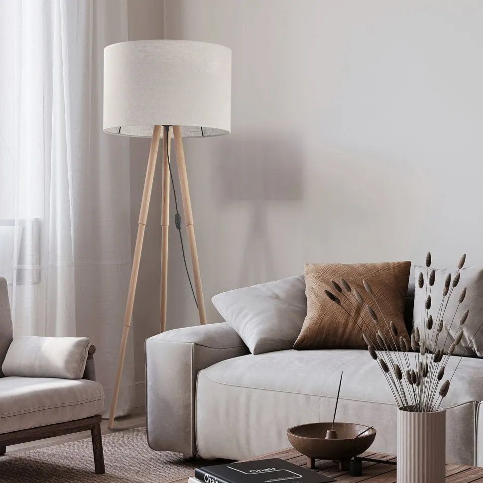 Stehleuchte Skandinavisch Holz Stoff Dreibein 146 cm