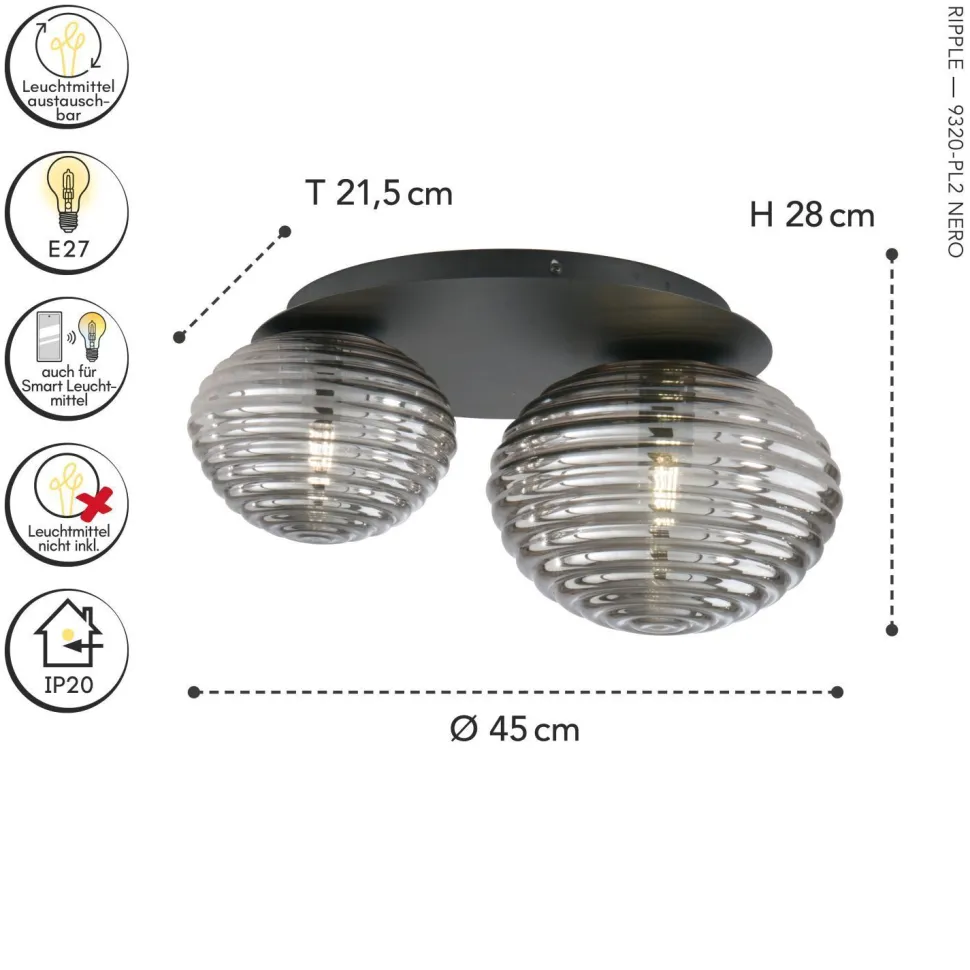 Stilvolle Deckenleuchte Rauchglas 2-flmg E27 dekorativ