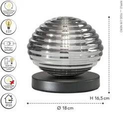 Stilvolle Tischlampe Rauchglas 16,5 cm E27 dekorativ