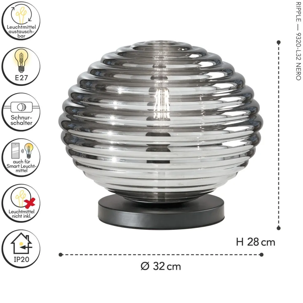 Stilvolle Tischlampe Rauchglas 28 cm E27 dekorativ