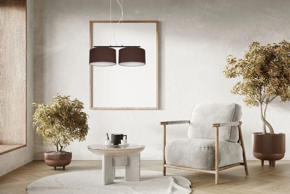 Stoff Pendelleuchte blendarm Braun Weiß E27 70 cm lang